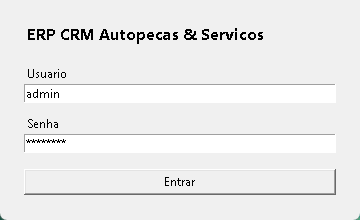 Tela de acesso do ERP/CRM para autopeças e serviços
