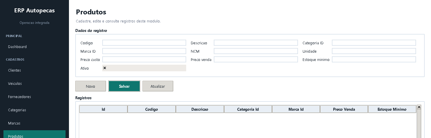 Tela de cadastro e consulta de produtos