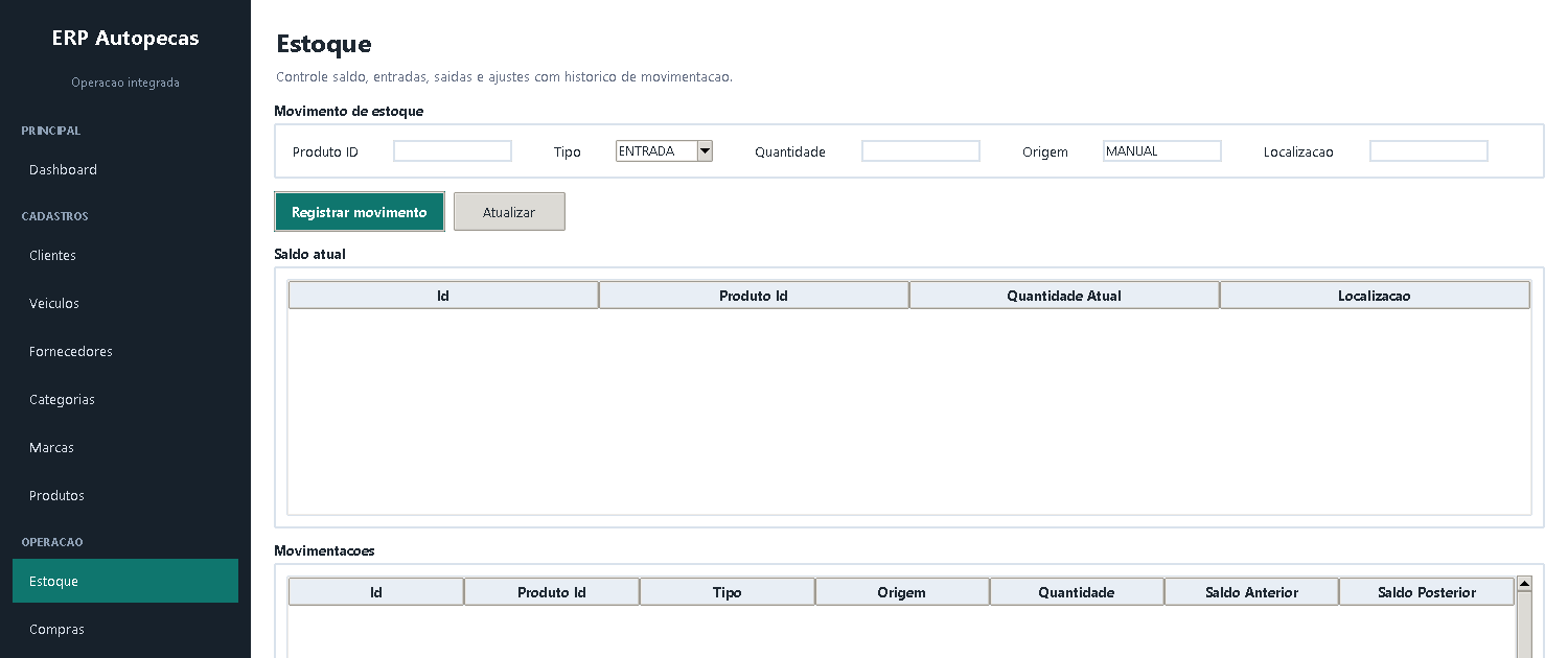 Tela de controle de estoque do ERP/CRM