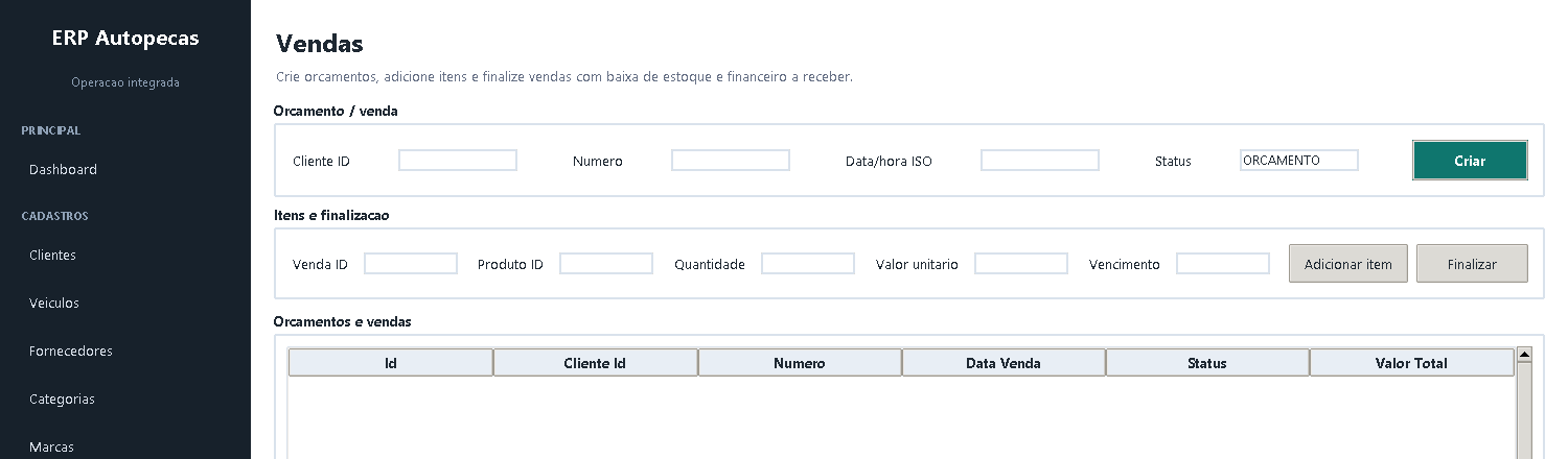 Tela de vendas do ERP/CRM