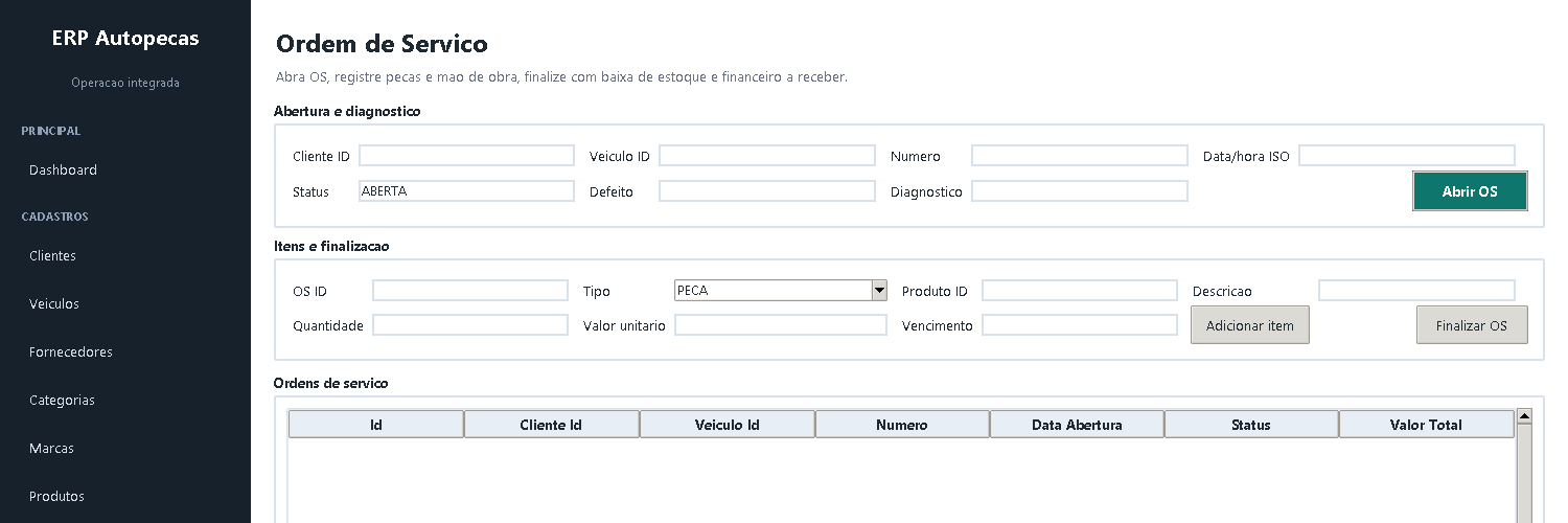 Tela de ordem de serviço do ERP/CRM