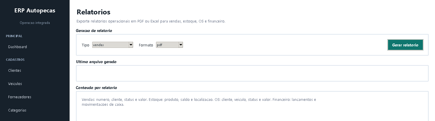Tela de relatórios gerenciais do ERP/CRM
