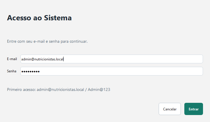 Tela de acesso do Nutri Clinic Pro